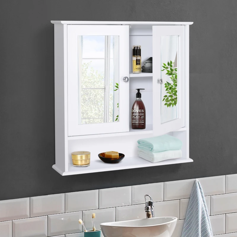 kleankin spiegelkast, wandkast met 3 opbergvakken, make-upkast, MDF, wit, 56 x 13 x 58 cm