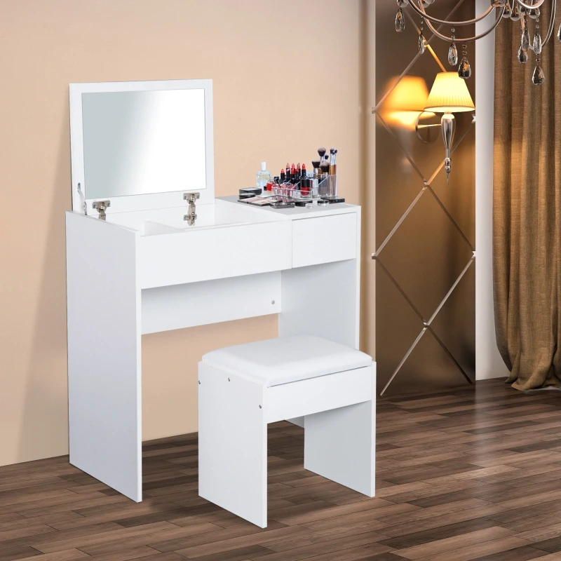 HOMCOM Make-uptafel met kruk toilettafel kaptafel inklapbare spiegel wit