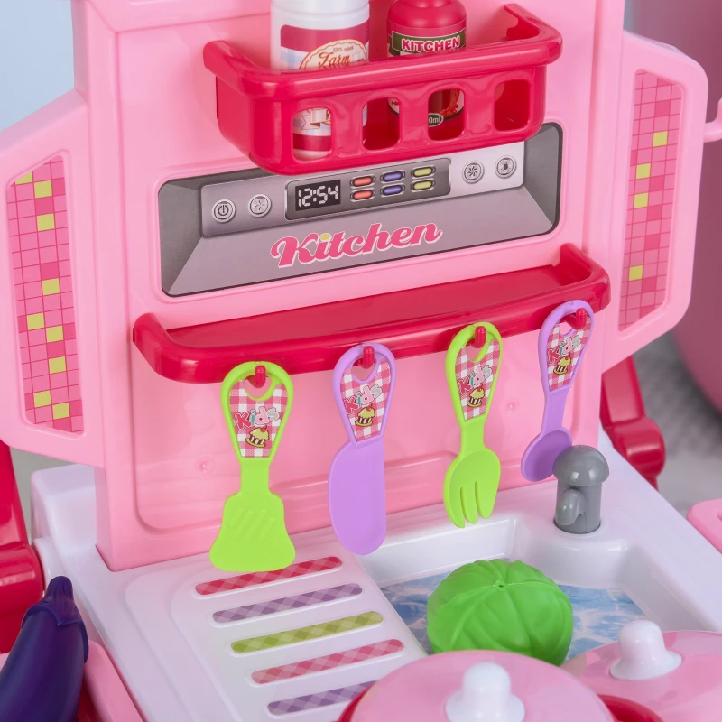 HOMCOM kinderkeuken met 42 accessoires speelkeuken speelgoed keuken plastic wit + roze