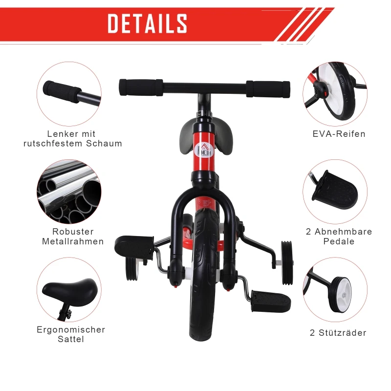 HOMCOM kinderloopfiets kinderfiets zijwielen pedalen 2-5 jaar PP rood