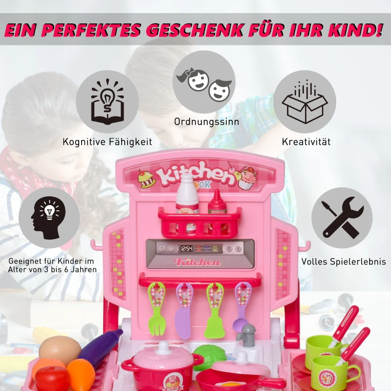 HOMCOM kinderkeuken met 42 accessoires speelkeuken speelgoed keuken plastic wit + roze