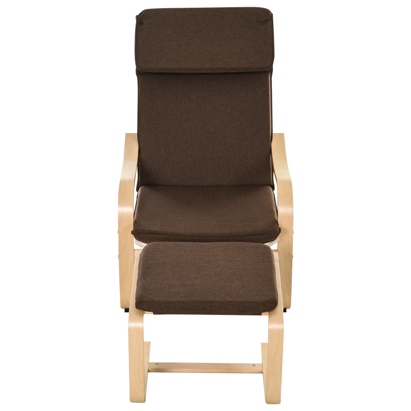 HOMCOM relaxstoel met poef, stoel met armsteunen linnen bekleding houten frame bruin