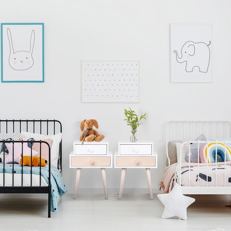 HOMCOM kinderkamer nachtkastje set van 2 bijzettafel 2 lades MDF roze