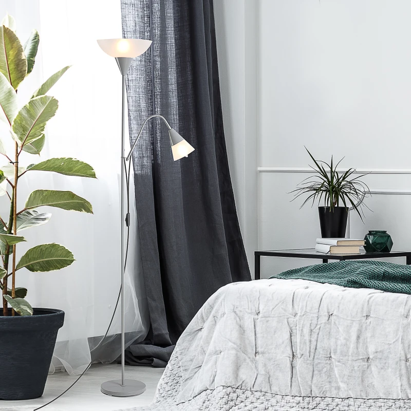HOMCOM moderne staande lamp 2 koppen verstelbare leeslamp, vloerlamp, ontwerp met dubbele kop en stalen voet, zilver, wit, 28 x 28 x 179,5 cm