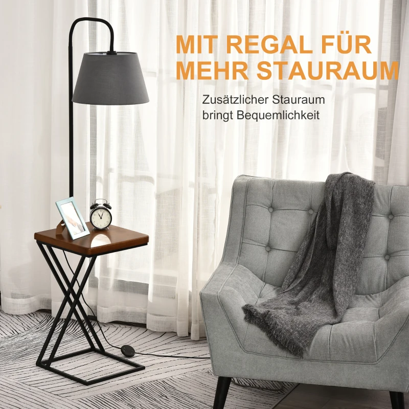 HOMCOM Staande lamp vloerlamp met opbergplank, grenenhout + staal, 36 x 36 x 165 cm (bruin + grijs + zwart) | Aosom.de
