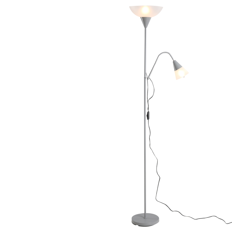 HOMCOM moderne staande lamp 2 koppen verstelbare leeslamp, vloerlamp, ontwerp met dubbele kop en stalen voet, zilver, wit, 28 x 28 x 179,5 cm