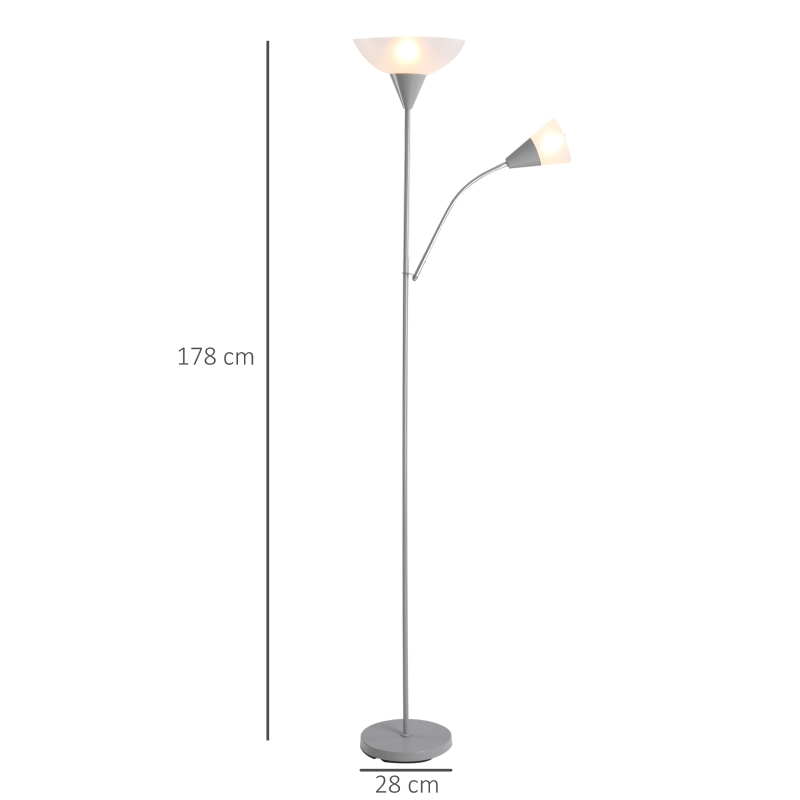 HOMCOM moderne staande lamp 2 koppen verstelbare leeslamp, vloerlamp, ontwerp met dubbele kop en stalen voet, zilver, wit, 28 x 28 x 179,5 cm