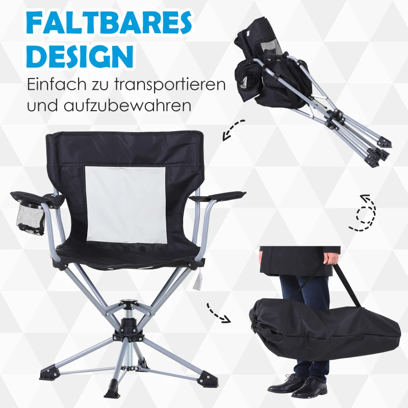 Outsunny visstoel, klapstoel, campingstoel met armsteun en bekerhouder, incl. draagtas, zwart, 81 x 64 x 89 cm