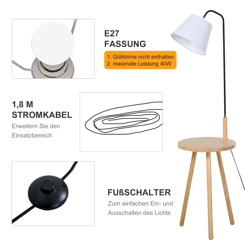 HOMCOM staande lamp voor woonkamer, staande lamp, staande lamp, booglamp met houten tafel, Scandinavische stijl, staal, wit, 42 x 42 x 144 cm woonkamer staande lamp tafel staal wit | Aosom.de