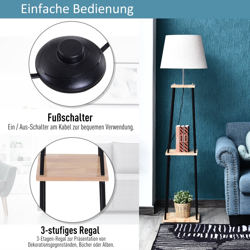 Lampstatief met 3 planken, rubberhout, linnen, metaal, naturel, zwart