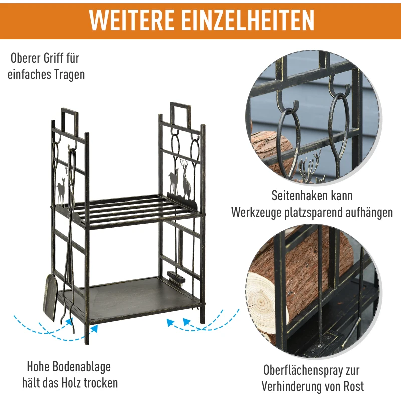 Outsunny Brandhoutstandaard met openhaard gereedschap brandhoutplank ijzer goud(m-4)