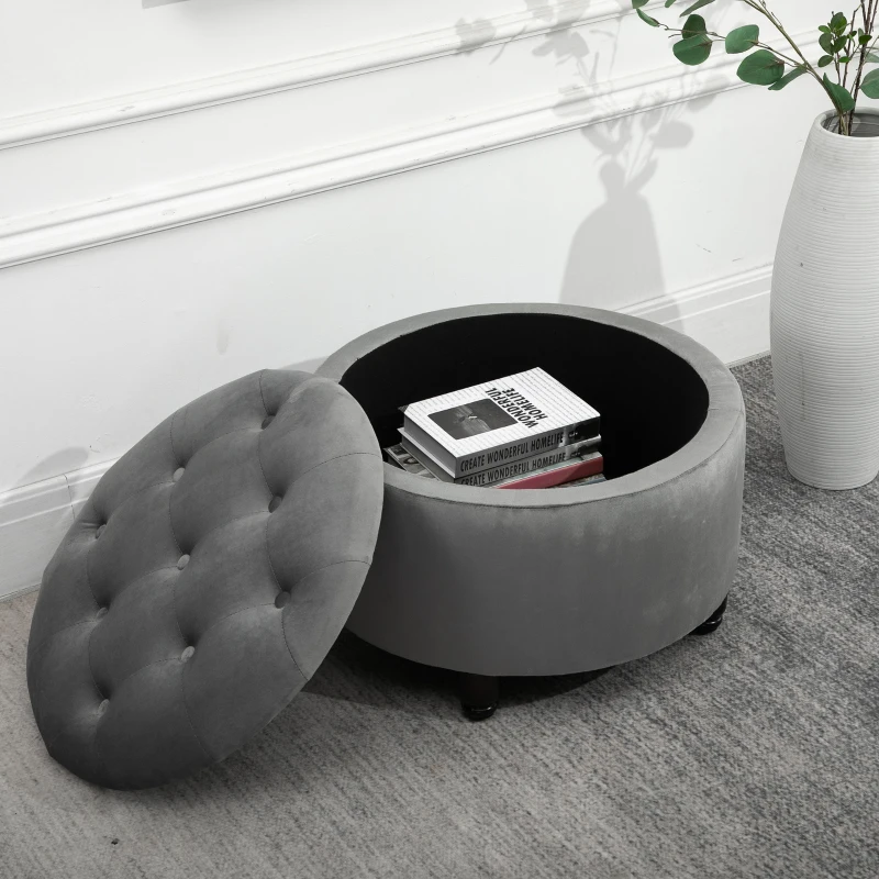 HOMCOM luxe krukje kruk met opbergruimte gestoffeerde kruk polyester hout donkergrijs