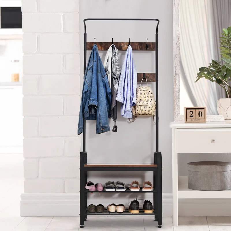 HOMCOM Kapstok met 8 haken schoenenbank kledingstandaard 2 aflegvlakken MDF zwart