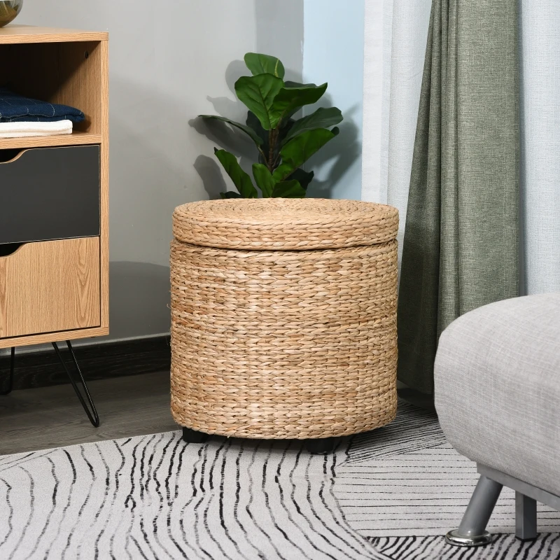 HOMCOM Poef met opbergruimte poef opbergbox stro rotan kaki(m-4)
