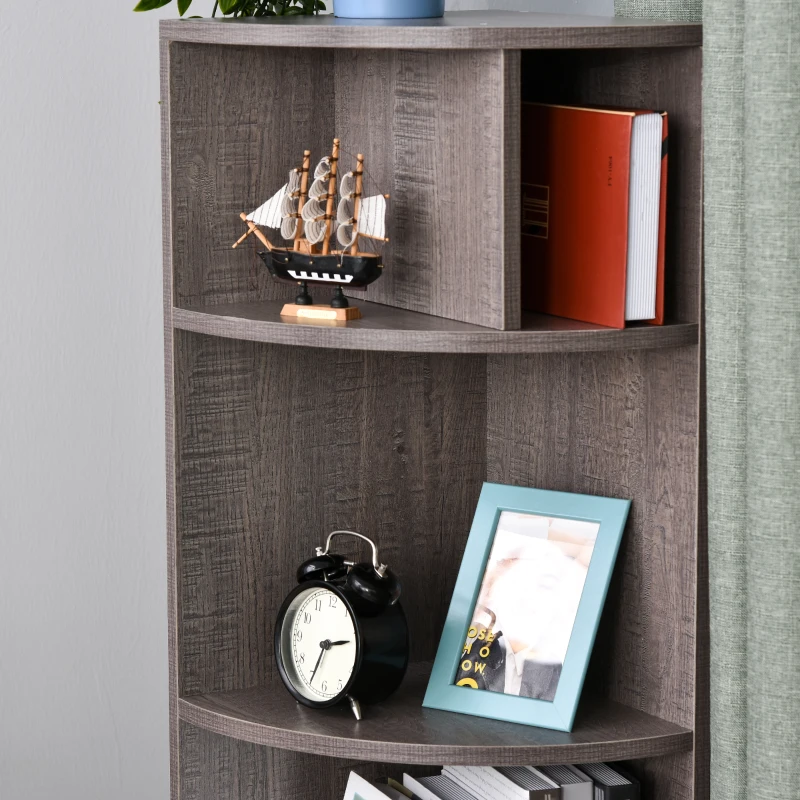 Boekenkast hoek meerdere niveaus vrijstaande stelling woonkamerrek spaanplaat grijs