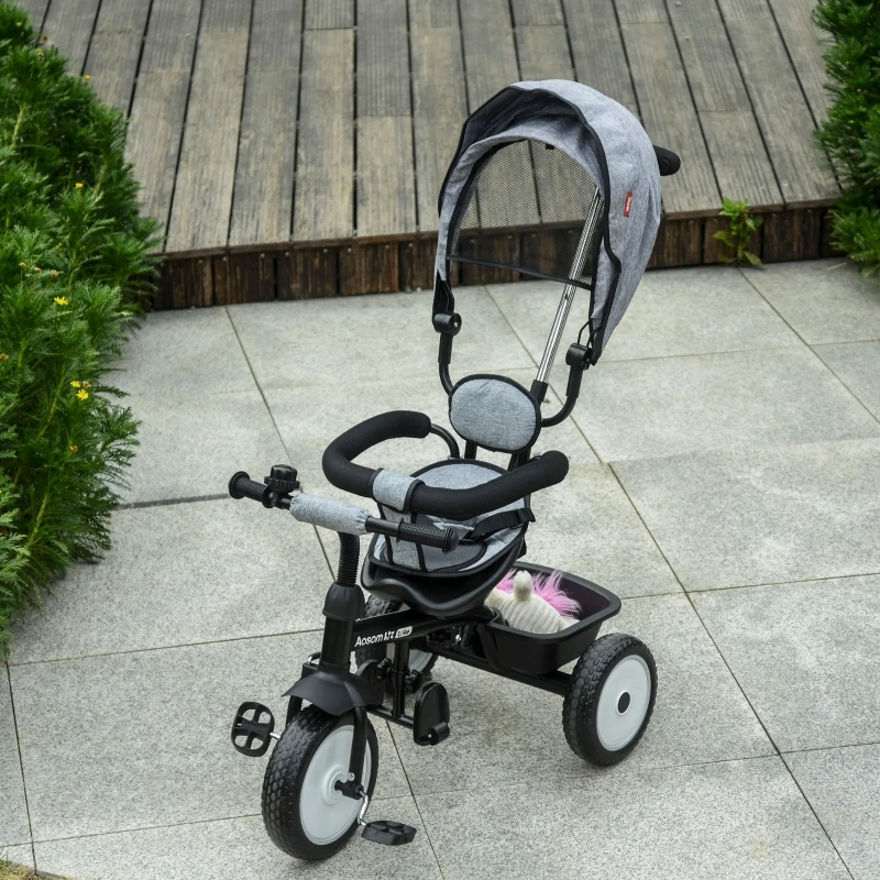 HOMCOM 2-in-1 kinderdriewieler duwstang voor kinderdriewieler met kap Trike grijs