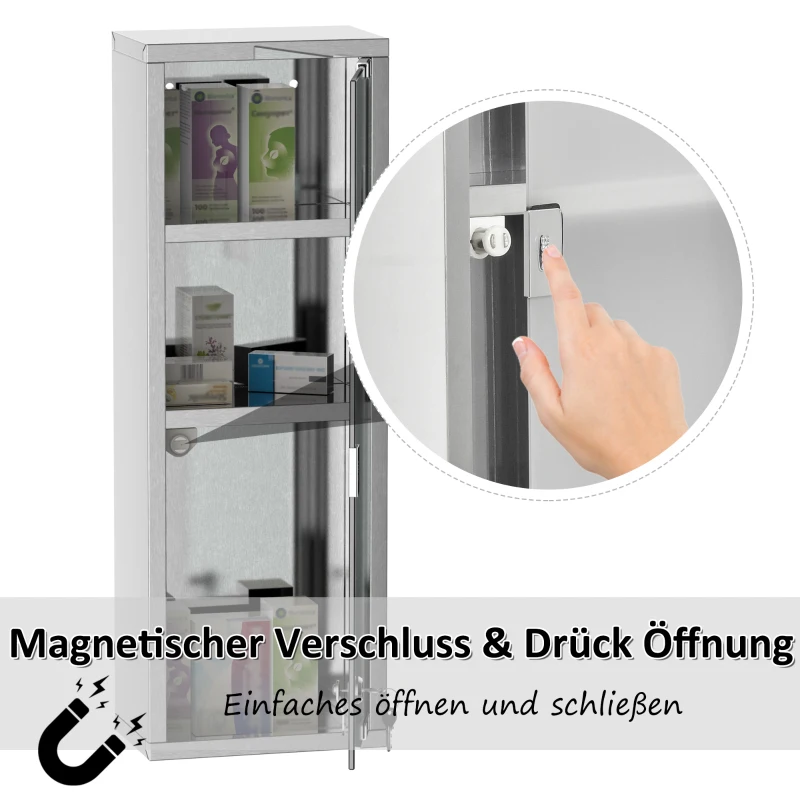 Kleankin Medicijnkast EHBO-kast met slot glazen deur 3 vakken matglas 430 rvs