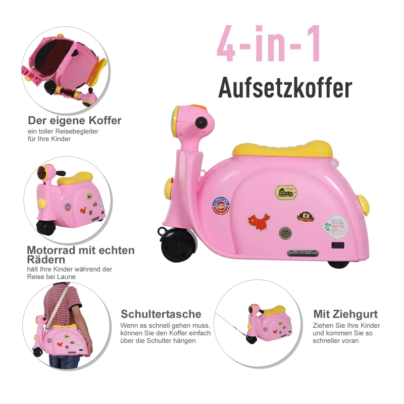Kinderkoffer motorfiets kinderbagage handbagage met riem om te zitten wielen roze
