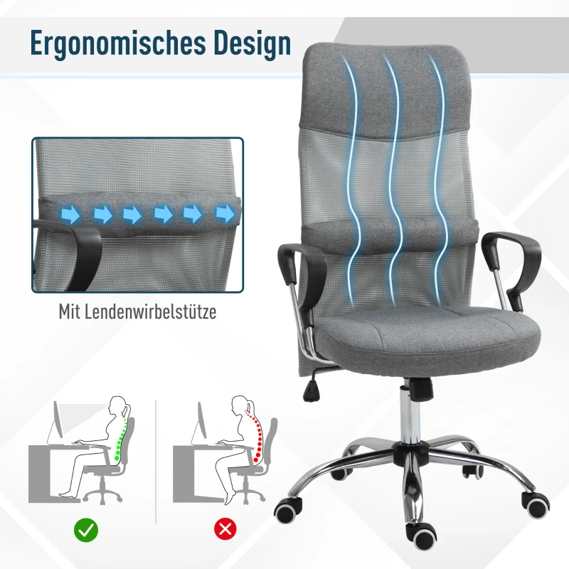 Vinsetto Bureaustoel gamingstoel ergonomische draaistoel kantoorstoel linnen grijs