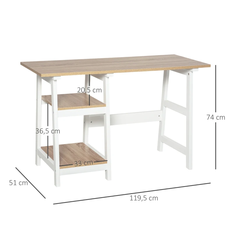 HOMCOM Schreibtisch mit Bücherregal, Computertisch, Bürotisch, Spanplatte, Natur+Weiß, 119,5 x 51 x 74 cm