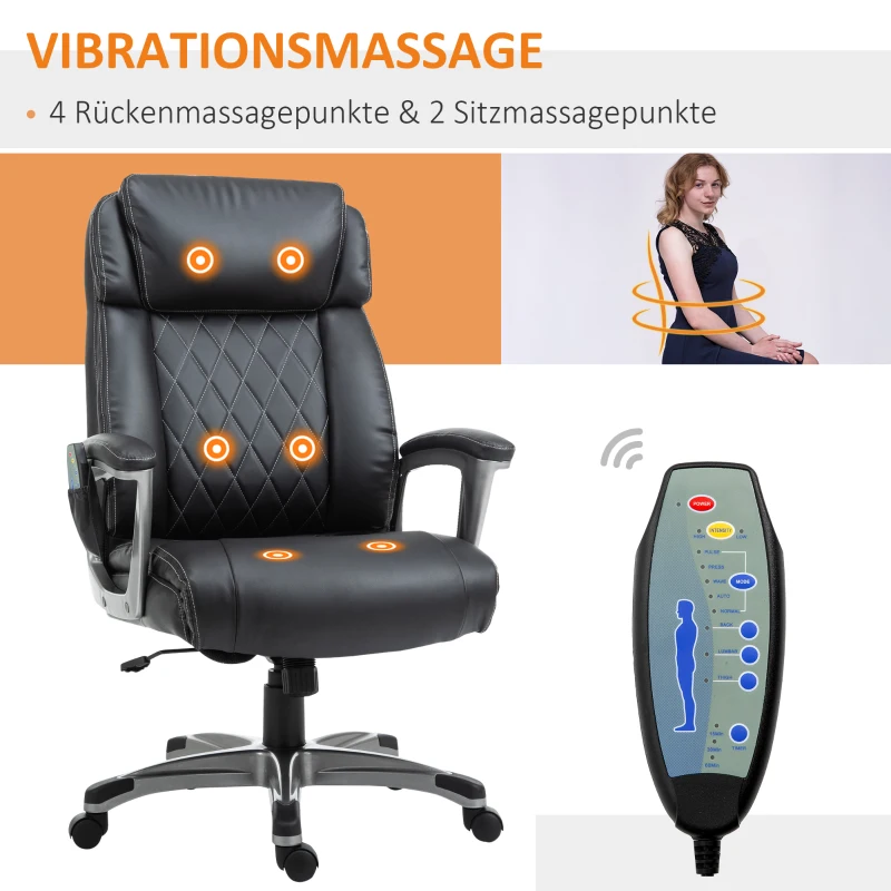 Vinsetto Ergonomische Massage-Bureaustoel in Vintage Stijl met 6 Vibratiepunten en Hoog Draagvermogen, Zwart