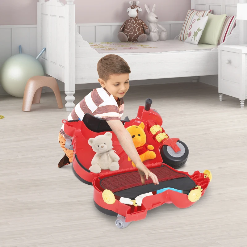 Kinderkoffer motorfiets kinderbagage handbagage met riem om  te zitten rood wielen