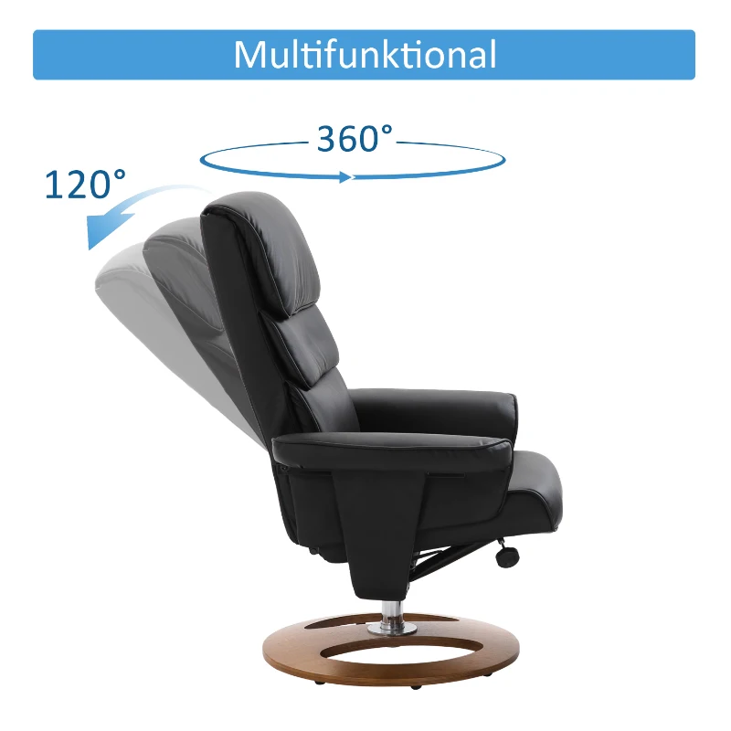 HOMCOM® relaxstoel met kruk tv-stoel gepolsterde stoel 360° draaibaar 120° kantelbaar PU-bekleding houten voet zwart 81 x 76 x 103 cm | Aosom.de