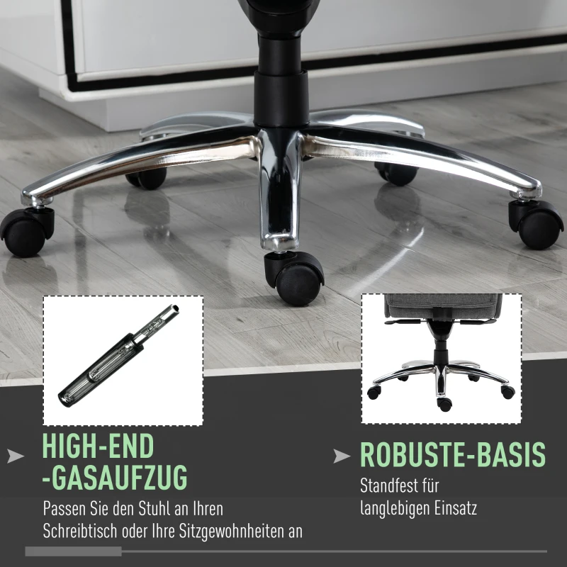 Vinsetto Kantoorstoel ergonomische draaistoel PC stoel in hoogte verstelbaar kunstlinnen lichtgrijs