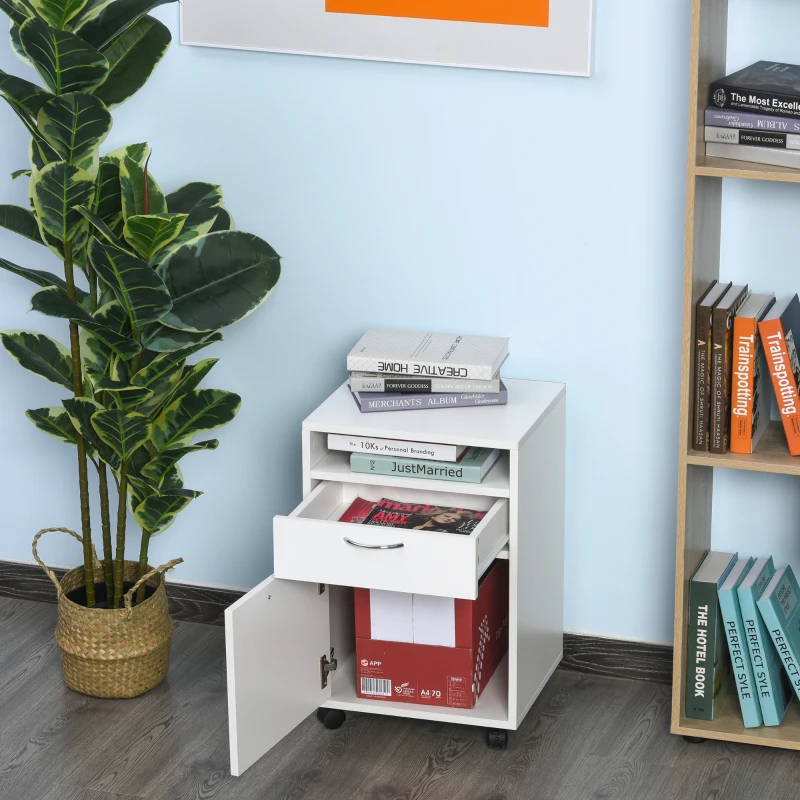 HOMCOM rolcontainer, archiefkast, kantoorcontainer met schuiflade, kantoorkast, opslagcontainer, spaanplaat, wit, 40 x 35 x 60 cm rolcontainer archiefkast schuiflade kantoorkast wit | Aosom.de
