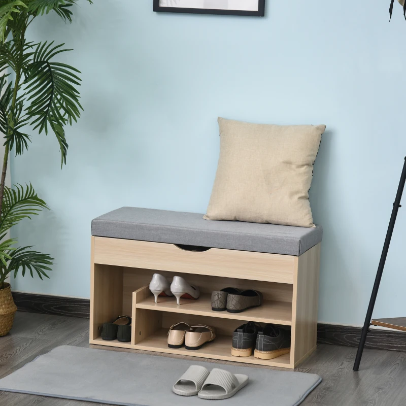 HOMCOM schoenenbank, zitbank, zitkist, 2-in-1 design met schoenenrek, verborgen vak, linnen, naturel + grijs, 80 × 30 × 48 cm verborgen vak | Aosom.de