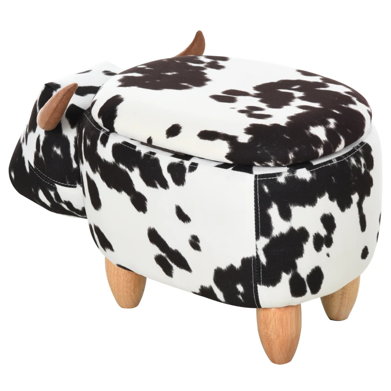 HOMCOM dierenkruk voor kinderen, kinderkruk met opbergruimte, gestoffeerde kruk, zitbank met dierenmotief, voor kinderkamers, varken voetenbank, zwart + wit, 62 x 35 x 36 cm | Aosom.de