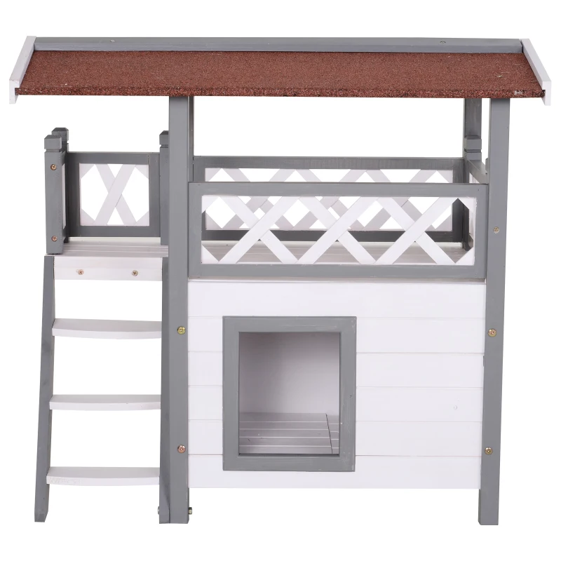 PawHut kattenhuis met asfaltdak, 2 verdiepingen, kattenhut met balkon, kattenvilla met trap, massief hout, wit, 77 x 50 x 73 cm 2 verdiepingen asfaltdak balkon massief hout wit | Aosom.de