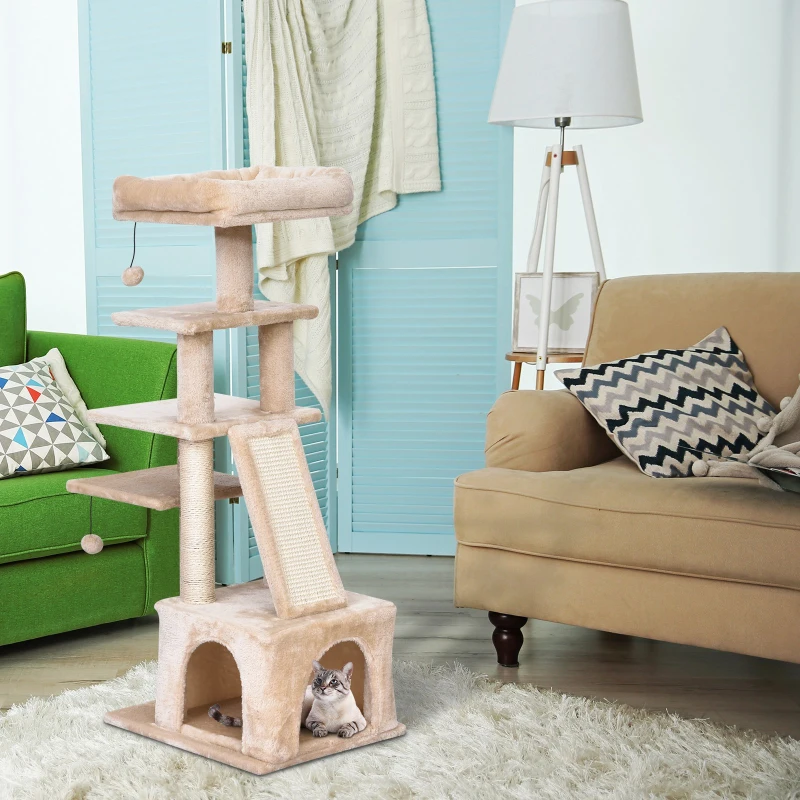 kattenboom 5 verdiepingen krabpaal kattengrot sisal palen krabplank pluche beige