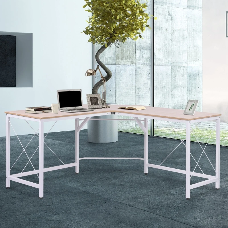 HOMCOM Computertafel L-vormig hoekbureau MDF naturel / zwart hoekbureau