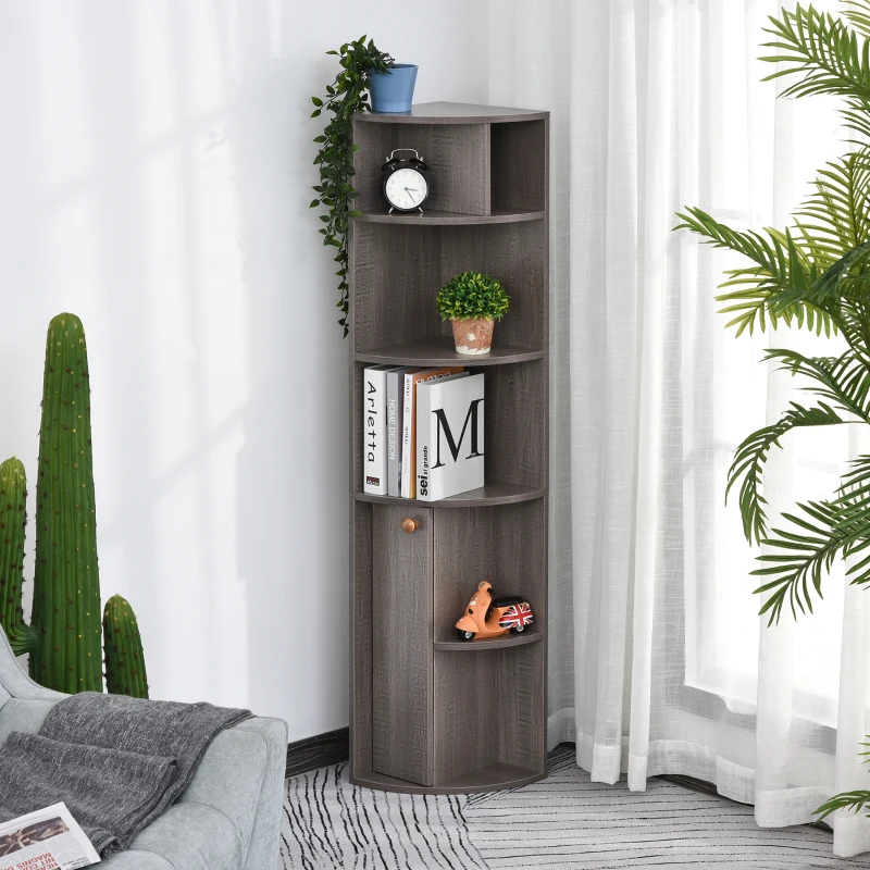 Boekenkast hoek meerdere niveaus vrijstaande stelling woonkamerrek spaanplaat grijs