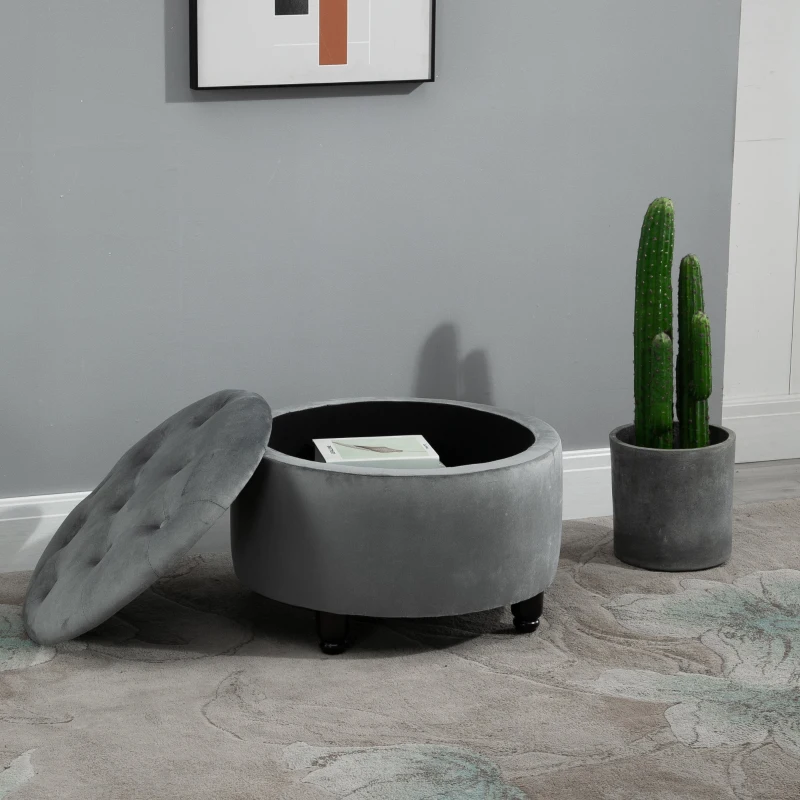 HOMCOM luxe krukje kruk met opbergruimte gestoffeerde kruk polyester hout donkergrijs