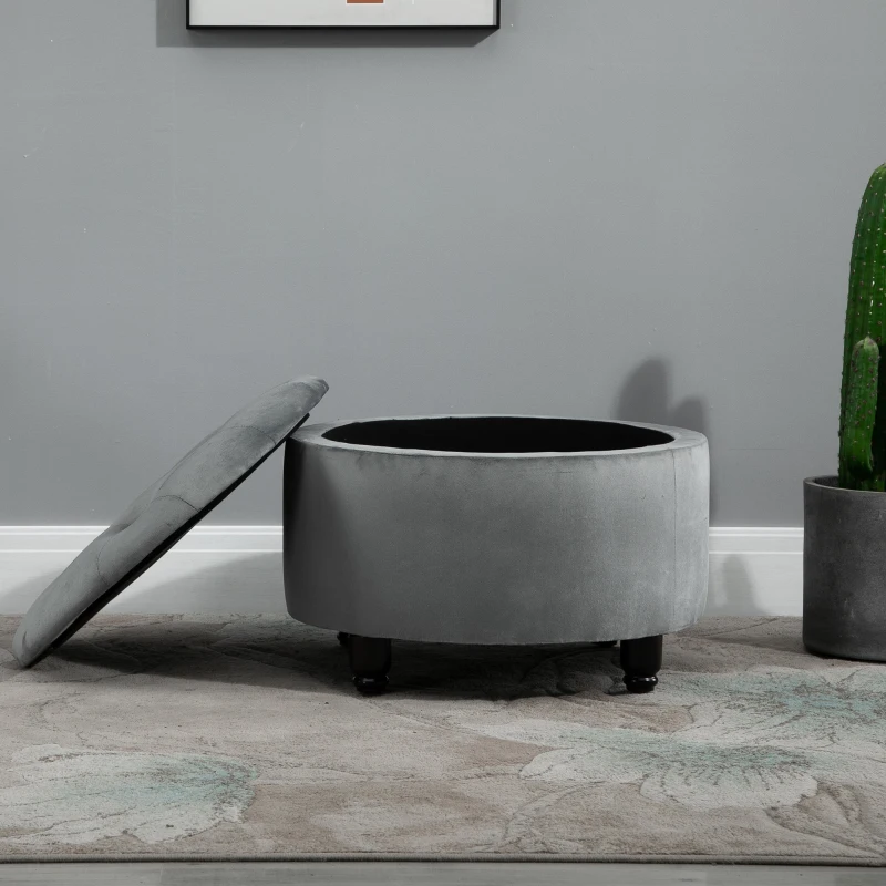 HOMCOM luxe krukje kruk met opbergruimte gestoffeerde kruk polyester hout donkergrijs