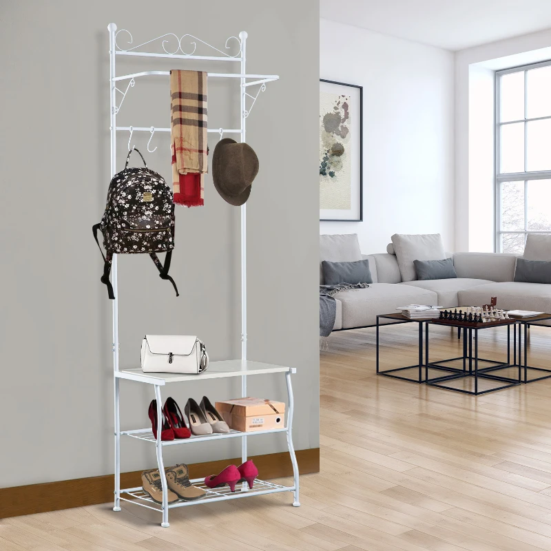 HOMCOM Staande kapstok met 3 schoenenrekken kledingstandaard garderobe hal staal