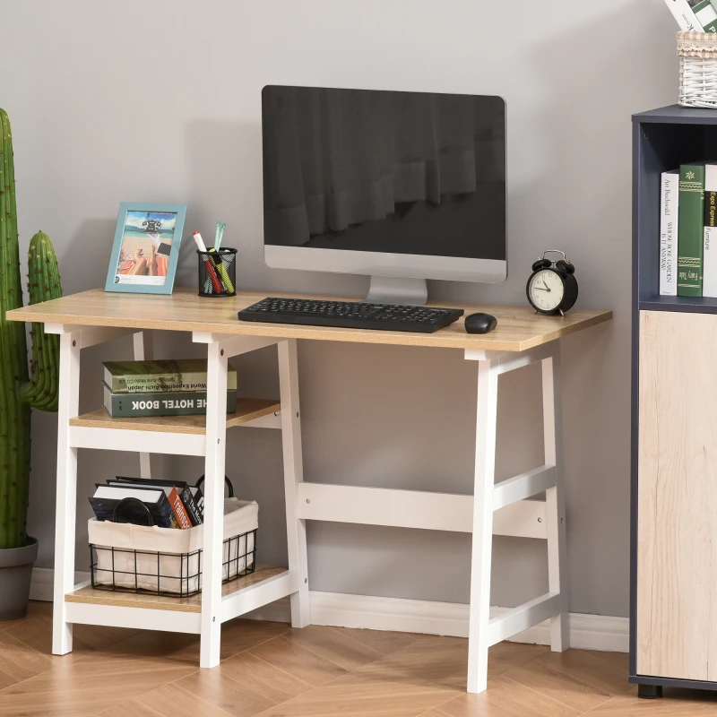 HOMCOM Schreibtisch mit Bücherregal, Computertisch, Bürotisch, Spanplatte, Natur+Weiß, 119,5 x 51 x 74 cm
