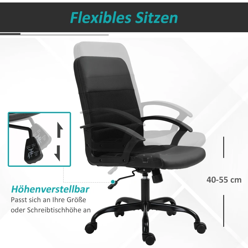 Vinsetto Kantoorstoel in hoogte verstelbare schrijftafelstoel draaistoel PVC + zwarte netbekleding