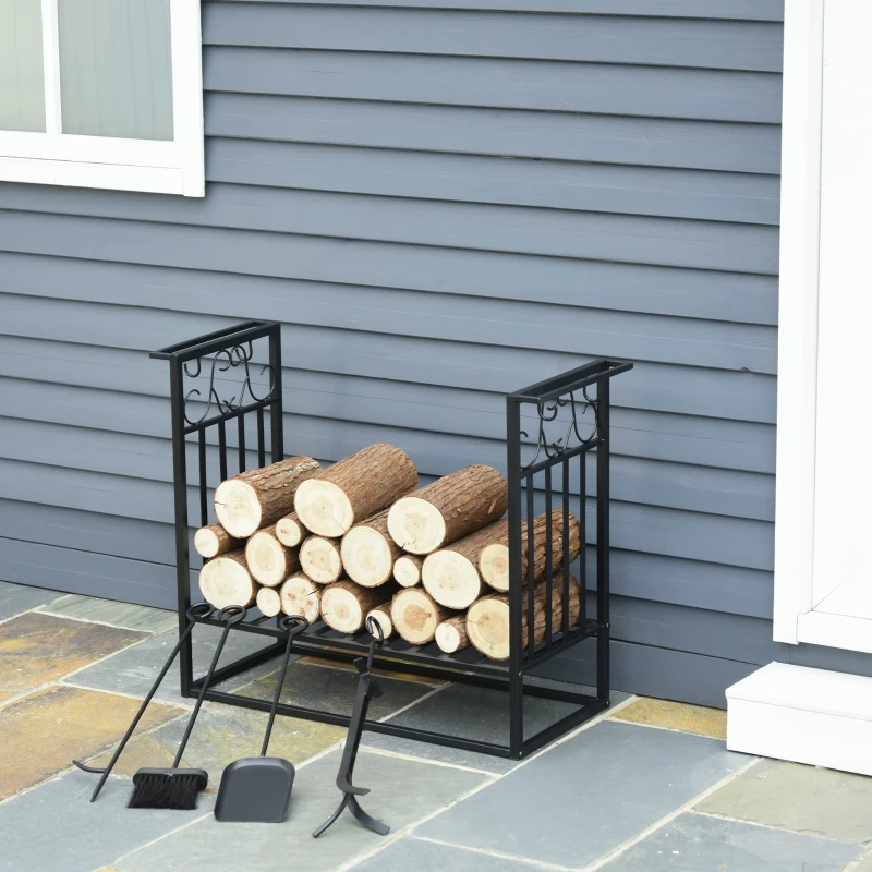 HOMCOM Brandhoutrek met openhaardgereedschap verhoogde brandhoutplank stalen brandhoutplank