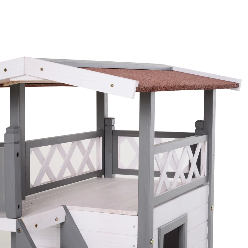 PawHut kattenhuis met asfaltdak, 2 verdiepingen, kattenhut met balkon, kattenvilla met trap, massief hout, wit, 77 x 50 x 73 cm 2 verdiepingen asfaltdak balkon massief hout wit | Aosom.de