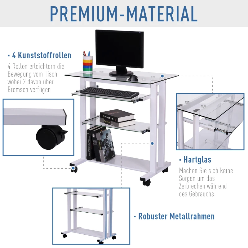 HOMCOM Rolbaar bureau computertafel bureau werktafel met glazen aflegvlak wit