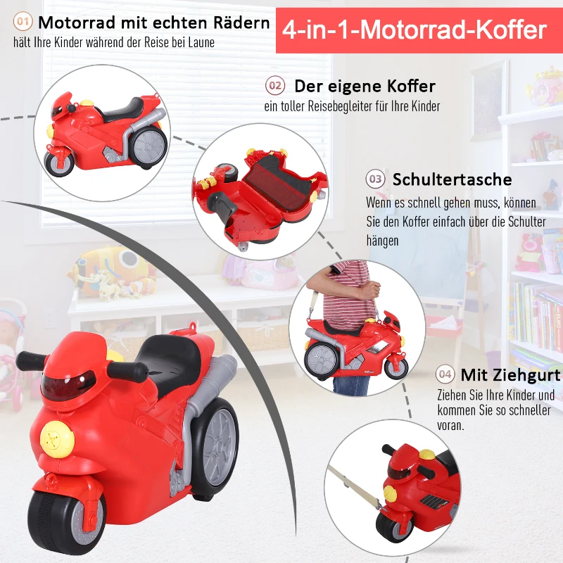 Kinderkoffer motorfiets kinderbagage handbagage met riem om  te zitten rood wielen