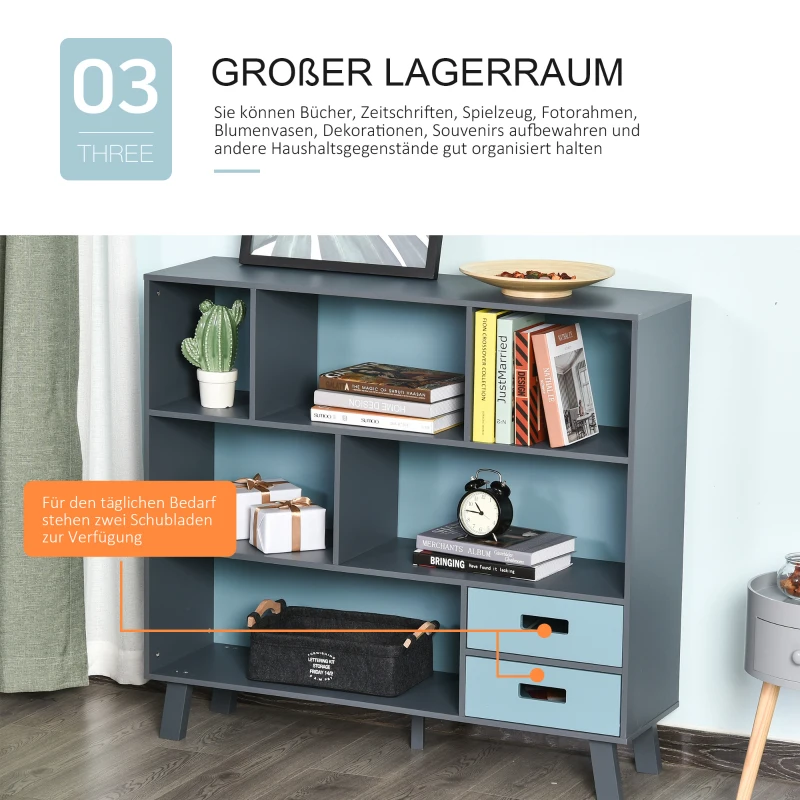 HOMCOM Boekenplank vrijstaande stelling opbergplank boekenkast met 2 schuiflades MDF blauw