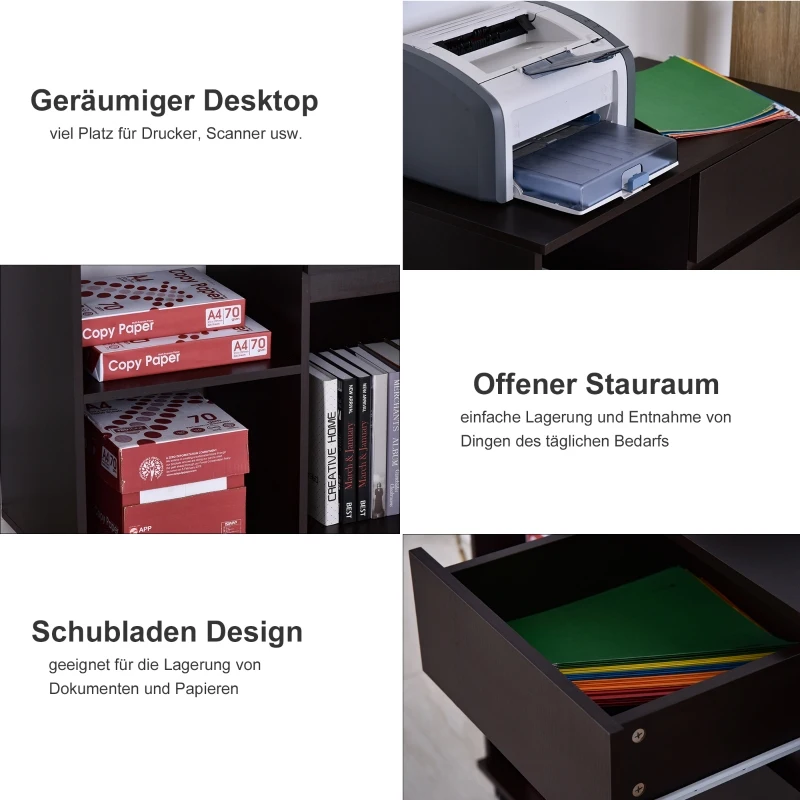 HOMCOM Printertafel trolley printerstandaard met laden+plank spaanplaat bruin