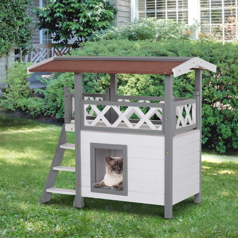 PawHut kattenhuis met asfaltdak, 2 verdiepingen, kattenhut met balkon, kattenvilla met trap, massief hout, wit, 77 x 50 x 73 cm 2 verdiepingen asfaltdak balkon massief hout wit | Aosom.de
