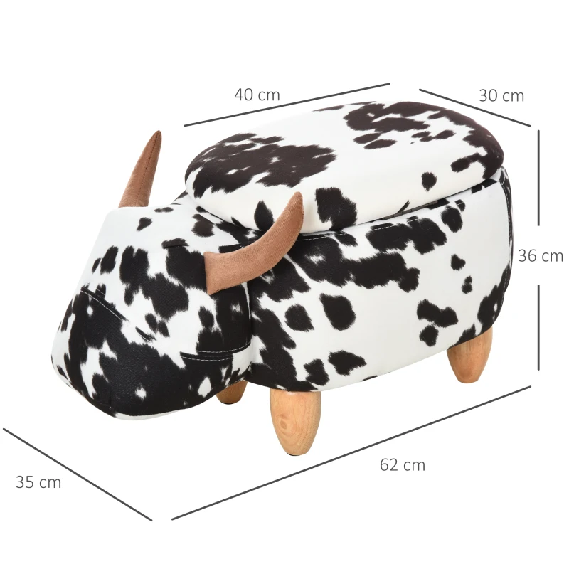 HOMCOM dierenkruk voor kinderen, kinderkruk met opbergruimte, gestoffeerde kruk, zitbank met dierenmotief, voor kinderkamers, varken voetenbank, zwart + wit, 62 x 35 x 36 cm | Aosom.de