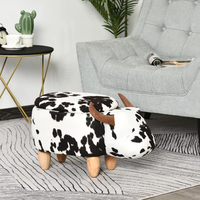 HOMCOM dierenkruk voor kinderen, kinderkruk met opbergruimte, gestoffeerde kruk, zitbank met dierenmotief, voor kinderkamers, varken voetenbank, zwart + wit, 62 x 35 x 36 cm | Aosom.de