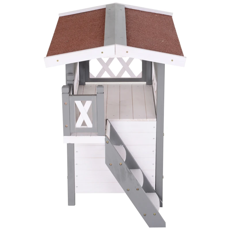 PawHut kattenhuis met asfaltdak, 2 verdiepingen, kattenhut met balkon, kattenvilla met trap, massief hout, wit, 77 x 50 x 73 cm 2 verdiepingen asfaltdak balkon massief hout wit | Aosom.de